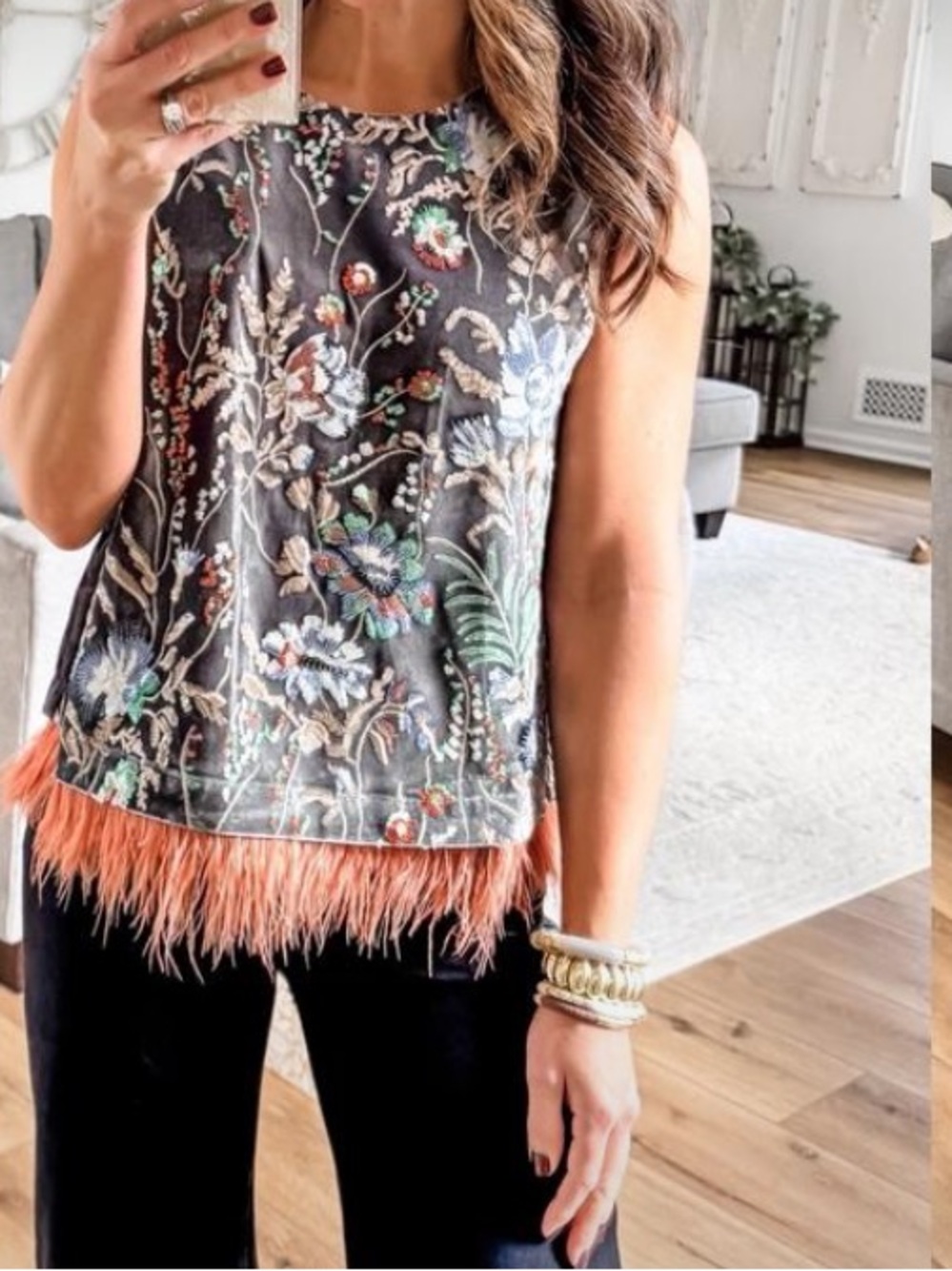 Embroidered Floral Sleeveless Top with Feather Hem - Black and Coral🚌